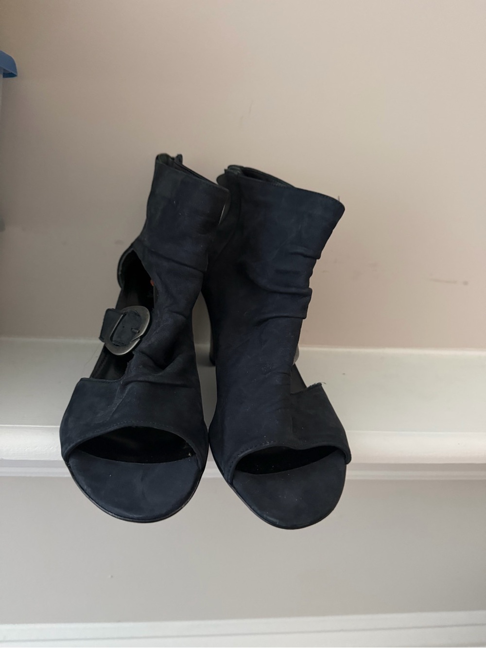 Gabor Black Open-Toe Ruched Ankle Heels with Buckle